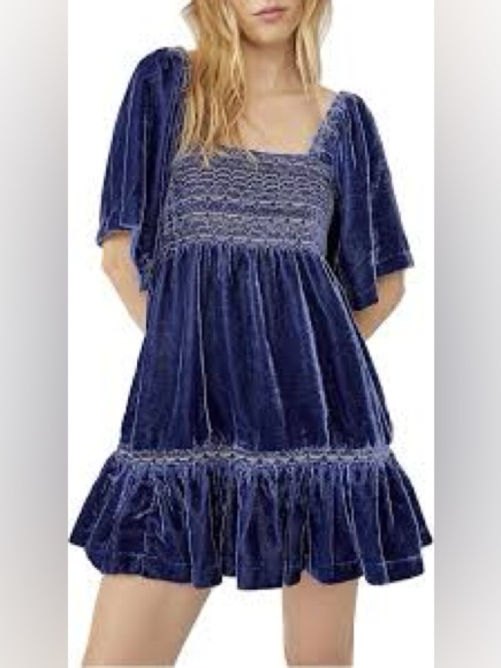 Free People Easy To Love Mini Dress in Shaded Lake Blue Velvet Sz XL